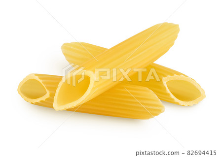 Raw italian penne rigate pasta isolated on white background with clipping path and full depth of field 82694415