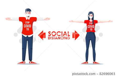 Social distancing, Keep distance in public society people to protect from COVID-19 coronavirus outbreak spreading prevention concept with man woman keep distance in meeting. Character design vector Social distancing, Keep distance in public society people to protect from COVID-19 coronavirus outbreak spreading prevention concept with man woman keep distance in meeting. Character design vector 82696063