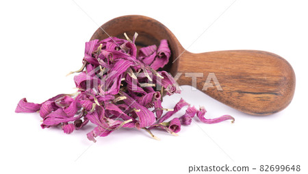 Dried Echinacea flowers in wooden spoon, isolated on white background. Petals of Echinacea purpurea. Medicinal herbs. 82699648