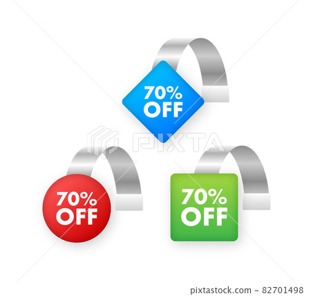 Sale Point Tag set with 70 percent off. Color Clear Round Supermarket Shelf Wobbler Label. Vector stock illustration. Sale Point Tag set with 70 percent off. Color Clear Round Supermarket Shelf Wobbler Label. Vector stock illustration. 82701498
