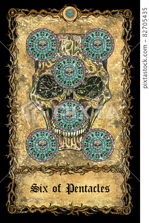 Six of pentacles. Minor Arcana tarot card with skull over antique background.  Mystic art, Halloween illustration with esoteric, gothic, occult concept 82705435