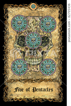 Five of pentacles. Minor Arcana tarot card with skull over antique background. Mystic art, Halloween illustration with esoteric, gothic, occult concept Five of pentacles. Minor Arcana tarot card with skull over antique background. Mystic art, Halloween illustration with esoteric, gothic, occult concept 82705436
