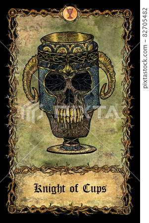 Knight of cups. Minor Arcana tarot card with skull over antique background. Mystic art, Halloween illustration with esoteric, gothic, occult concept Knight of cups. Minor Arcana tarot card with skull over antique background. Mystic art, Halloween illustration with esoteric, gothic, occult concept 82705482
