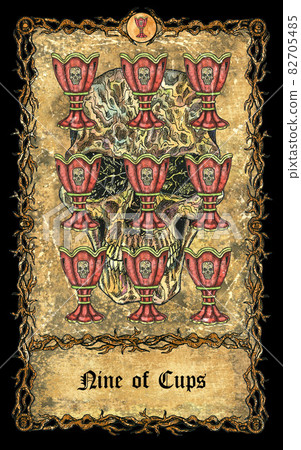 Nine of cups. Minor Arcana tarot card with skull over antique background. Mystic art, Halloween illustration with esoteric, gothic, occult concept Nine of cups. Minor Arcana tarot card with skull over antique background. Mystic art, Halloween illustration with esoteric, gothic, occult concept 82705485