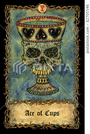 Ace of cups. Minor Arcana tarot card with skull over antique background. Mystic art, Halloween illustration with esoteric, gothic, occult concept Ace of cups. Minor Arcana tarot card with skull over antique background. Mystic art, Halloween illustration with esoteric, gothic, occult concept 82705546