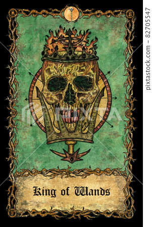 King of wands. Minor Arcana tarot card with skull over antique background. Mystic art, Halloween illustration with esoteric, gothic, occult concept King of wands. Minor Arcana tarot card with skull over antique background. Mystic art, Halloween illustration with esoteric, gothic, occult concept 82705547