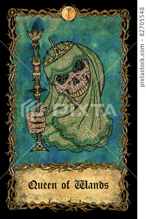 Queen of wands. Minor Arcana tarot card with skull over antique background. Mystic art, Halloween illustration with esoteric, gothic, occult concept Queen of wands. Minor Arcana tarot card with skull over antique background. Mystic art, Halloween illustration with esoteric, gothic, occult concept 82705548