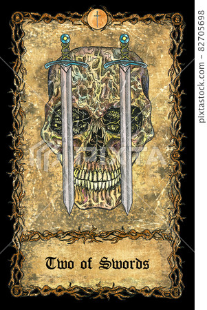 Two of swords. Minor Arcana tarot card with skull over antique background. Mystic art, Halloween illustration with esoteric, gothic, occult concept 82705698