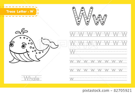Trace letter W uppercase and lowercase. Alphabet tracing practice preschool worksheet for kids learning English with cute cartoon animal. Coloring book for Pre K, kindergarten. Vector illustration 82705921