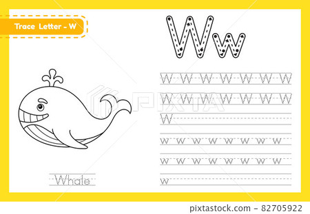 Trace letter W uppercase and lowercase. Alphabet tracing practice preschool worksheet for kids learning English with cute cartoon animal. Coloring book for Pre K, kindergarten. Vector illustration Trace letter W uppercase and lowercase. Alphabet tracing practice preschool worksheet for kids learning English with cute cartoon animal. Coloring book for Pre K, kindergarten. Vector illustration 82705922