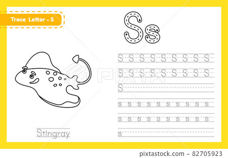 Trace letter S uppercase and lowercase. Alphabet tracing practice preschool worksheet for kids learning English with cute cartoon animal. Coloring book for Pre K, kindergarten. Vector illustration Trace letter S uppercase and lowercase. Alphabet tracing practice preschool worksheet for kids learning English with cute cartoon animal. Coloring book for Pre K, kindergarten. Vector illustration 82705923