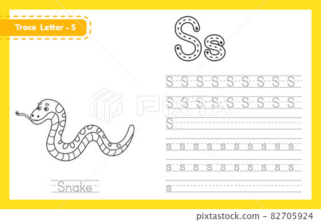 Trace letter S uppercase and lowercase. Alphabet tracing practice preschool worksheet for kids learning English with cute cartoon animal. Coloring book for Pre K, kindergarten. Vector illustration 82705924