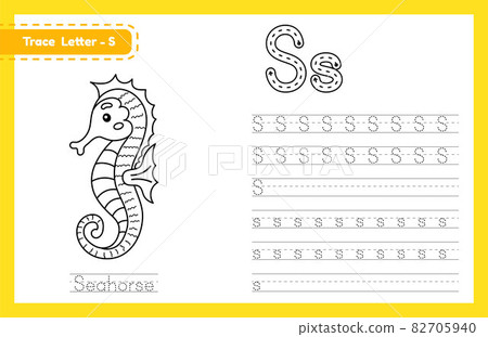 Trace letter S uppercase and lowercase. Alphabet tracing practice preschool worksheet for kids learning English with cute cartoon animal. Coloring book for Pre K, kindergarten. Vector illustration 82705940