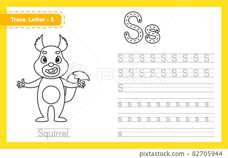 Trace letter S uppercase and lowercase. Alphabet tracing practice preschool worksheet for kids learning English with cute cartoon animal. Coloring book for Pre K, kindergarten. Vector illustration 82705944