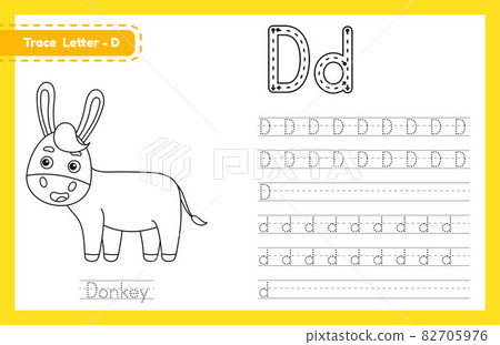Trace letter D uppercase and lowercase. Alphabet tracing practice preschool worksheet for kids learning English with cute cartoon animal. Coloring book for Pre K, kindergarten. Vector illustration 82705976