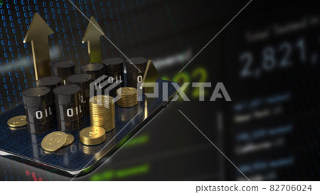 The oil tank on tablet and gold arrow up for  energy or petroleum business concept 3d rendering 82706024