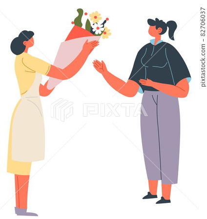 Woman presenting flowers gift for female character 82706037