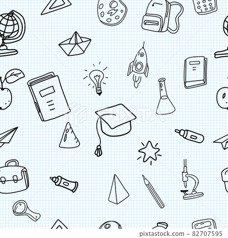 School doodles, pattern seamless. Back to school line icons supples, equipment, elements. Hand drawn scetches vector illustration background School doodles, pattern seamless. Back to school line icons supples, equipment, elements. Hand drawn scetches vector illustration background 82707595