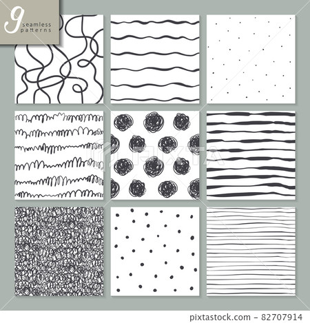 Set of nine hand drawn seamless abstract patterns in black and white colors. 82707914