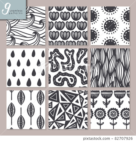 Set of nine hand drawn seamless abstract patterns in black and white colors. 82707926
