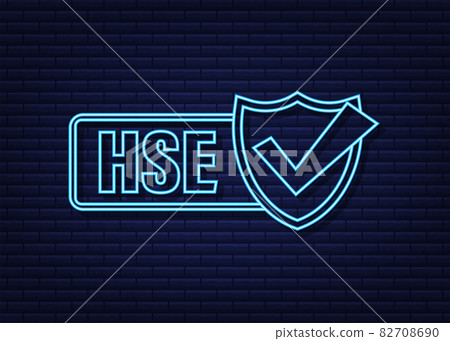 HSE neon label. Health, Safety, Environment. Icon design. Work safety Poster design Vector stock illustration. 82708690