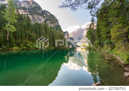 Small Beautiful Lake in Italian Alps - Pragser Wildsee or Lago di Braies 82708701