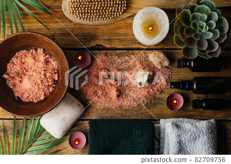 Spa background concept. Oil herb cosmetic, parfume and aroma salt for aromatherapy, massage, shower and relax Spa background concept. Oil herb cosmetic, parfume and aroma salt for aromatherapy, massage, shower and relax 82709756