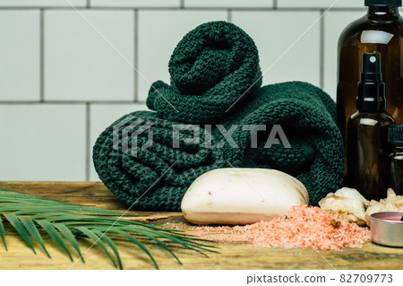 Spa background concept. Oil herb cosmetic, parfume and aroma salt for aromatherapy, massage, shower and relax 82709773