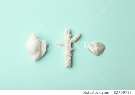 Background green blue color with seashells. Sea and ocean background with white shell. Copy space Background green blue color with seashells. Sea and ocean background with white shell. Copy space 82709782