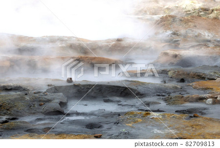Steaming fumarole in geothermal area of Hverir, Iceland 82709813