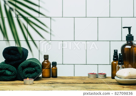 Spa background concept. Oil herb cosmetic, parfume and aroma salt for aromatherapy, massage, shower and relax 82709836