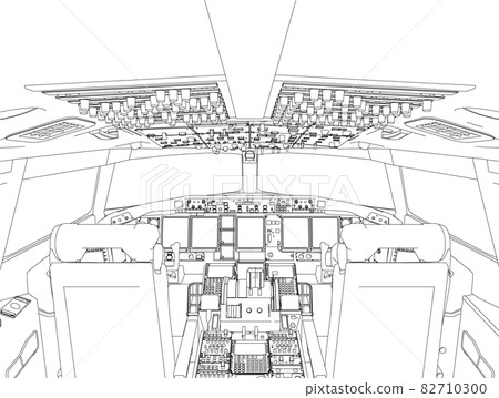 The contour of the aircraft cockpit from the inside from black lines isolated on a white background. Vector illustration 82710300