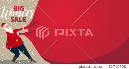 Holiday banner - Santa Claus pulling a huge heavy bag 82710808