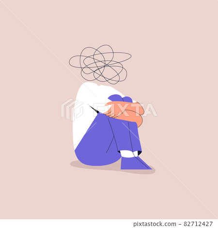 A frustrated man sits and hugs his knees. Nervous problem, anxiety and confusion in thoughts. Mental disorder and chaos in the head. A confusing process, a symbol of the line of chaos. Eps 10. A frustrated man sits and hugs his knees. Nervous problem, anxiety and confusion in thoughts. Mental disorder and chaos in the head. A confusing process, a symbol of the line of chaos. Eps 10. 82712427