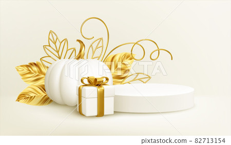 3d realistic white gold pumpkin with golden leaves, product podium and gift box isolated on white background. Thanksgiving background with pumpkins, podium and gift box. Vector illustration 3d realistic white gold pumpkin with golden leaves, product podium and gift box isolated on white background. Thanksgiving background with pumpkins, podium and gift box. Vector illustration 82713154