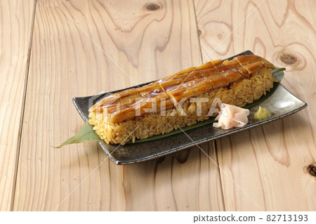 Conger eel placed on bamboo leaves Sushi, gari and wasabi Conger eel placed on bamboo leaves Sushi, gari and wasabi 82713193
