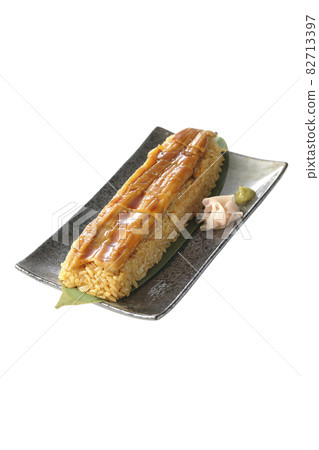 Conger eel placed on bamboo leaves Cutout of sushi, gari and wasabi Conger eel placed on bamboo leaves Cutout of sushi, gari and wasabi 82713397