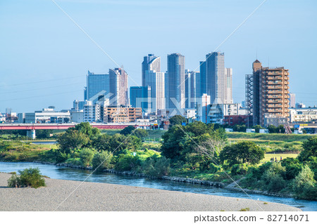 日本川崎市景：鳥兒聚集在多摩川，天氣晴朗，武藏小杉的塔式公寓 82714071