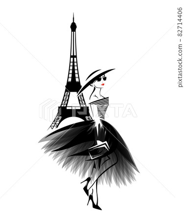 vector portrait of haute couture fashion blogger wearing dress and wide brimmed hat in Paris vector portrait of haute couture fashion blogger wearing dress and wide brimmed hat in Paris 82714406