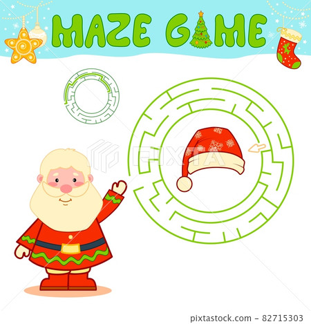 Christmas maze puzzle game for children. Circle maze or labyrinth game with Santa claus. Christmas maze puzzle game for children. Circle maze or labyrinth game with Santa claus. 82715303