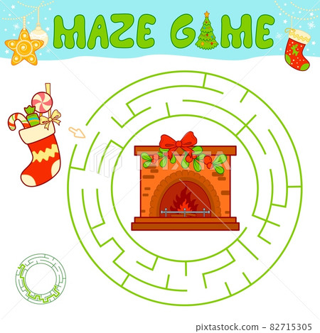 Christmas maze puzzle game for children. Circle maze or labyrinth game with Christmas Sock and fireplace. Christmas maze puzzle game for children. Circle maze or labyrinth game with Christmas Sock and fireplace. 82715305