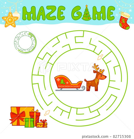 Christmas maze puzzle game for children. Circle maze or labyrinth game with Christmas sled. Christmas maze puzzle game for children. Circle maze or labyrinth game with Christmas sled. 82715308