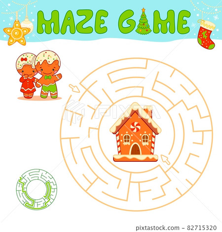 Christmas maze puzzle game for children. Circle maze or labyrinth game with Christmas Gingerbread man and Gingerbread house. 82715320