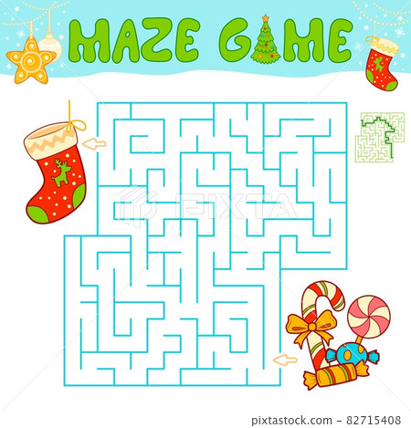 Christmas Maze puzzle game for children. Maze or labyrinth game with Christmas Sock. Christmas Maze puzzle game for children. Maze or labyrinth game with Christmas Sock. 82715408