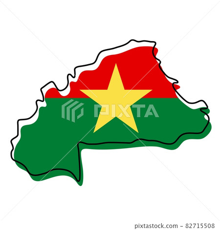 Stylized outline map of Burkina Faso with national flag icon. Flag color map of Burkina Faso vector illustration. 82715508
