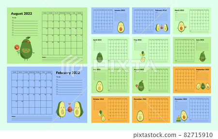 Horizontal calendar or planner 2022 with avocado. Set of 12 monthly pages. Scheduler timetable vector template. Cute cartoon characters. Healthy food. Week starts on Sunday. Goals notes to do list 82715910