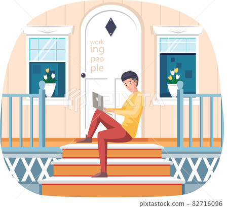 Young man works remotely, surfs internet, looks for information in computer and sits at home 82716096