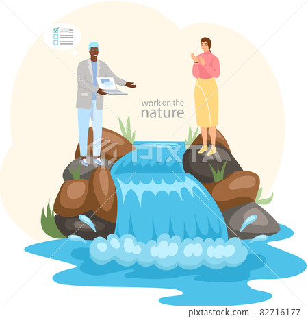 Young people working remotely on nature. Characters communicating through network on laptop 82716177