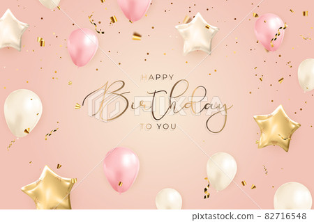 Happy Birthday congratulations banner design with Confetti, Balloons and Glossy Glitter Ribbon for Party Holiday Background. Vector Illustration 82716548