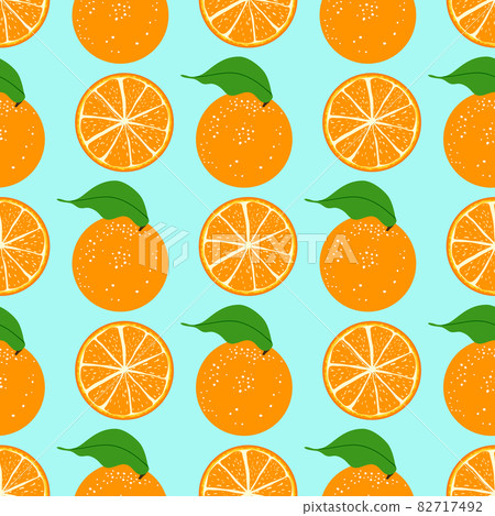 Seamless pattern orange fruit on a blue background. Orange whole, slice, half cut orange. 82717492